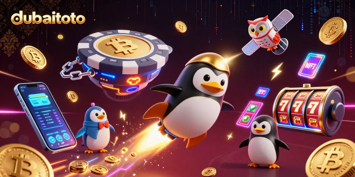 Engage with dubaitoto's vibrant gaming universe featuring a golden penguin and crypto elements.