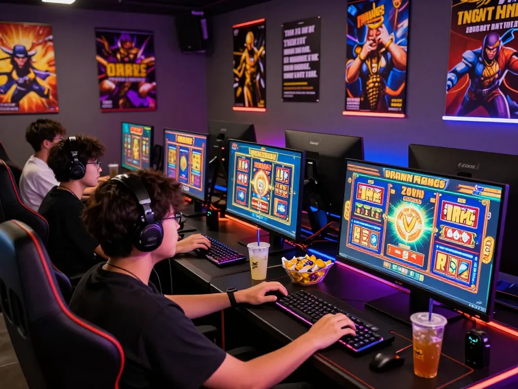 Pengalaman bermain yang mendalam dengan pemain menikmati permainan slot virus88 di beberapa monitor, dikelilingi oleh suasana yang menarik.
