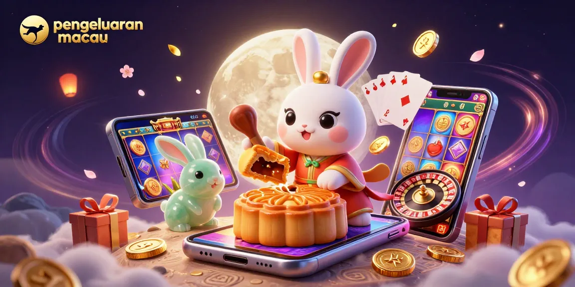 Mengungkap pengeluaran Macau dengan kelinci bulan yang memukul kue bulan saat bermain di kasino, menampilkan chip poker dan elemen permainan