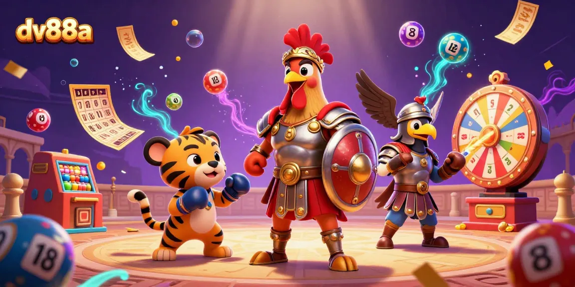 Experience the excitement of dv88a with a dynamic scene featuring a gladiator rooster in a casino-like arena.