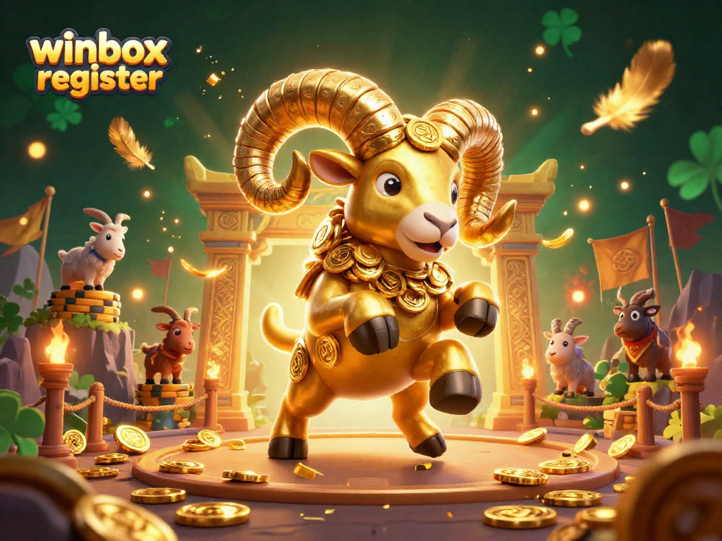 Winbox register: a vibrant 3D scene showcasing a golden ram charging through a casino-inspired gate.