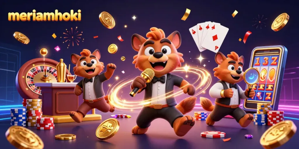 Gambarkan aktivitas kasino yang menyenangkan dengan meriamhoki, hyena bertema di klub komedi dengan lampu berkilau.
