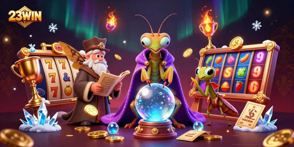 Engage with the whimsical 23WIN universe through a colorful and dynamic casino illustration.