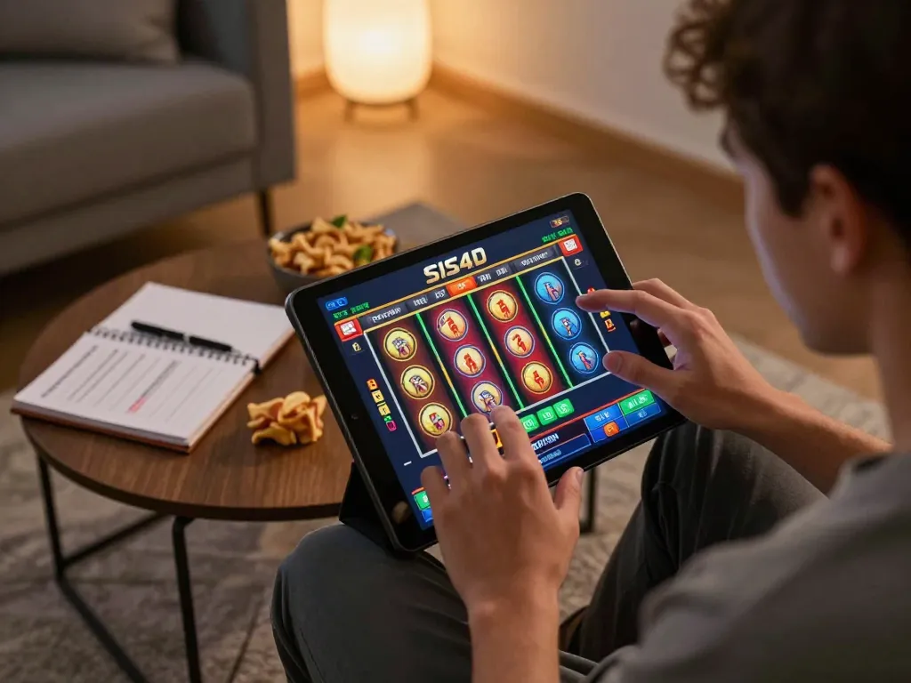 SIS4D player engaged in online slot gaming with vibrant reels displayed on tablet.