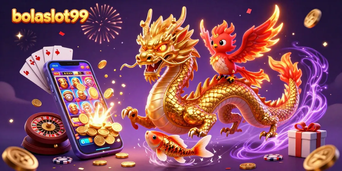 Experience the excitement of bolaslot99 with a dynamic casino-themed illustration featuring a dragon, phoenix, and koi fish.