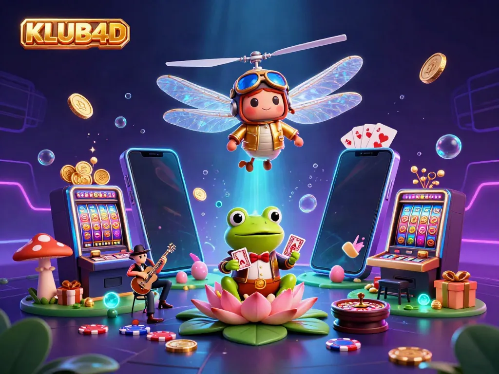 Mendorong strategi keuntungan di KLUB4D dengan ilustrasi kasino yang menampilkan karakter menghibur dan slot ceria.