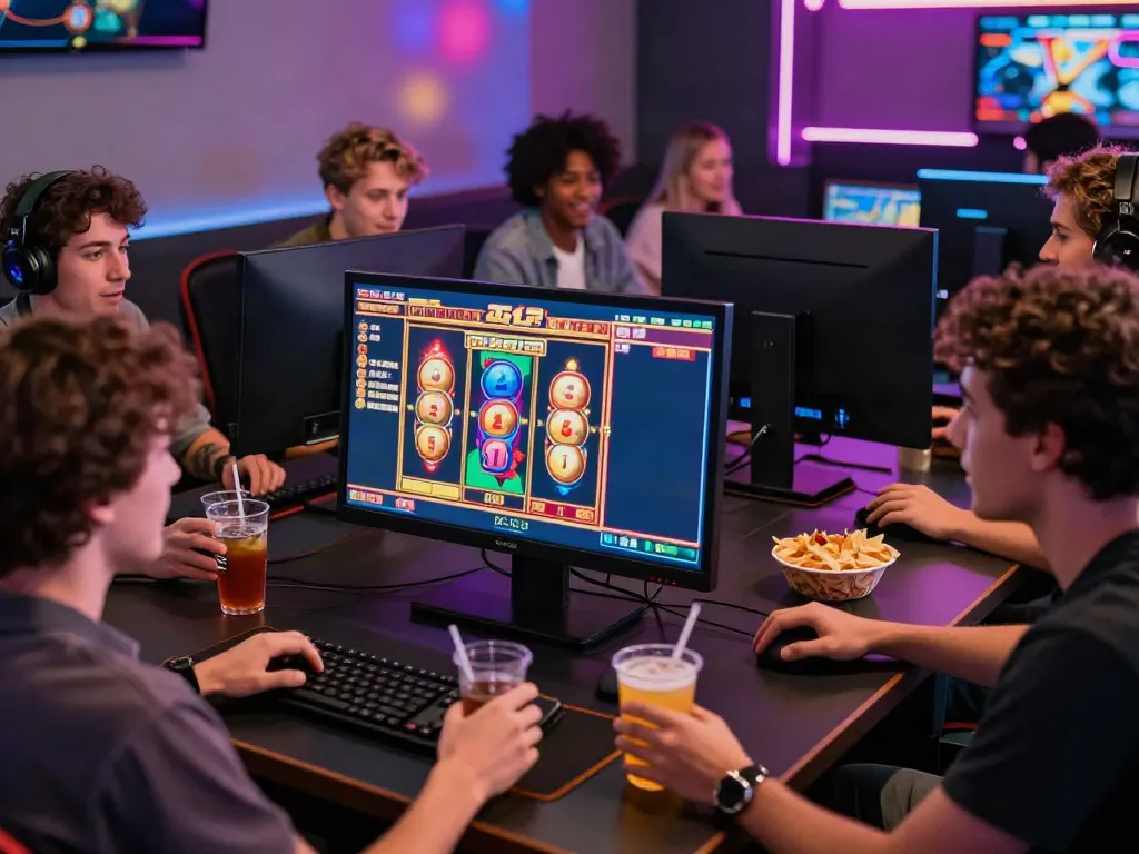 Suasana permainan slot online ASLOTRE dengan kelompok teman yang bersemangat.