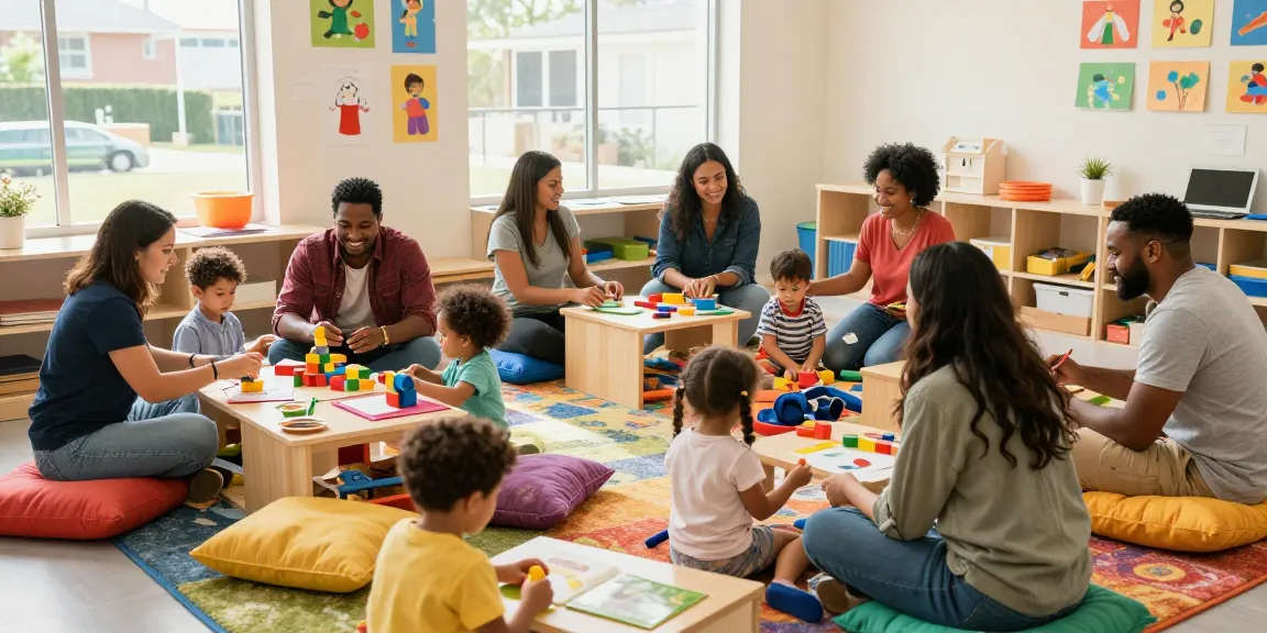 Parents and children engaging in link slot activities at a vibrant child development center