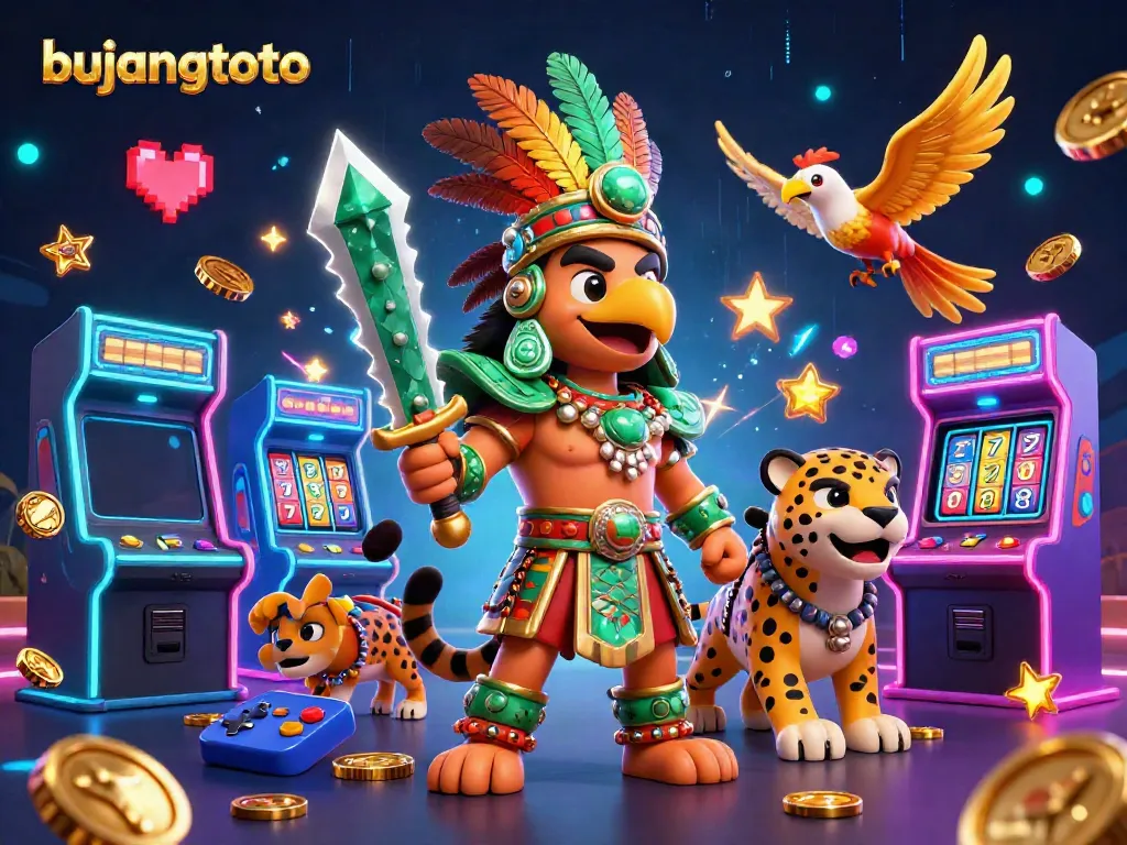 Engage in the excitement of bujangtoto with a vibrant 3D illustration showcasing casino elements and dynamic characters.