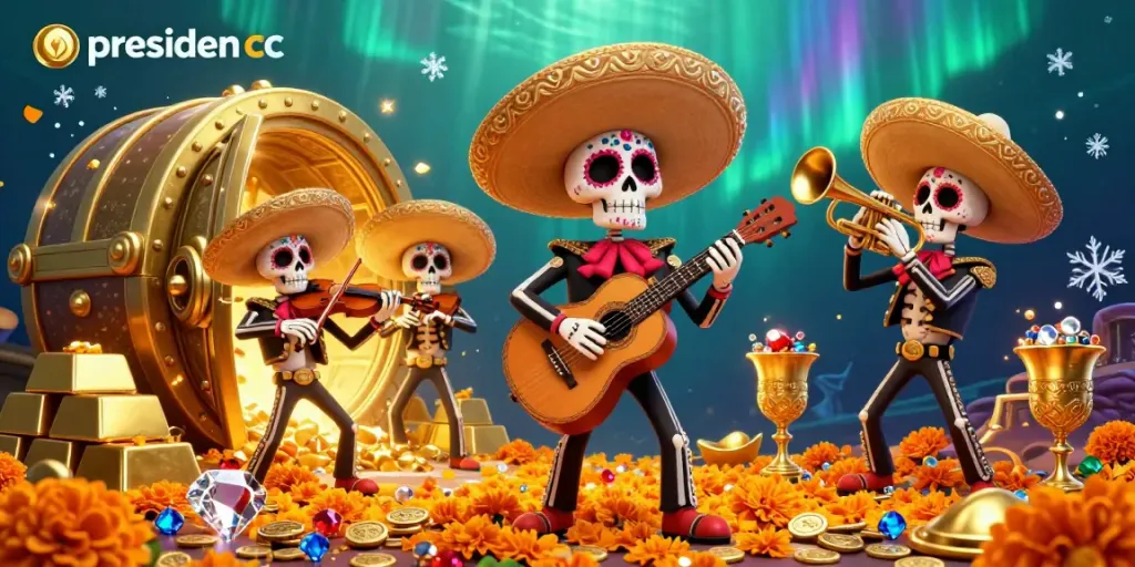 Experience the excitement of presiden cc with a vibrant mariachi band surrounded by treasure in this 3D illustration.