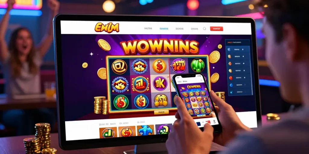 Seorang pengguna memainkan situs gacor di perangkat mobile yang dikelilingi dengan grafik permainan berwarna-warni.