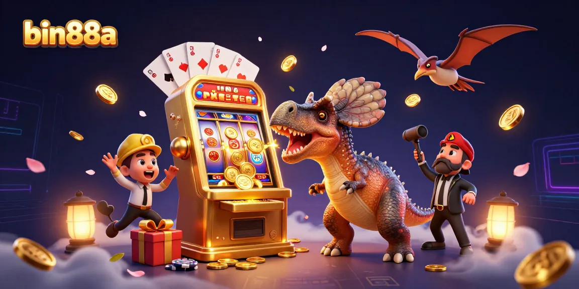 Experience thrilling wins at bin88a with a cartoon dinosaur headbutting a slot machine for big jackpots.