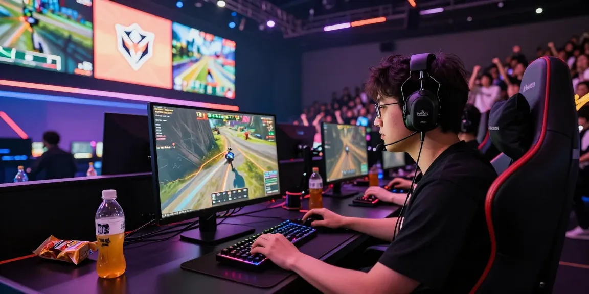 Gamer fokus pada permainan sniperslot di arena eSports yang modern.