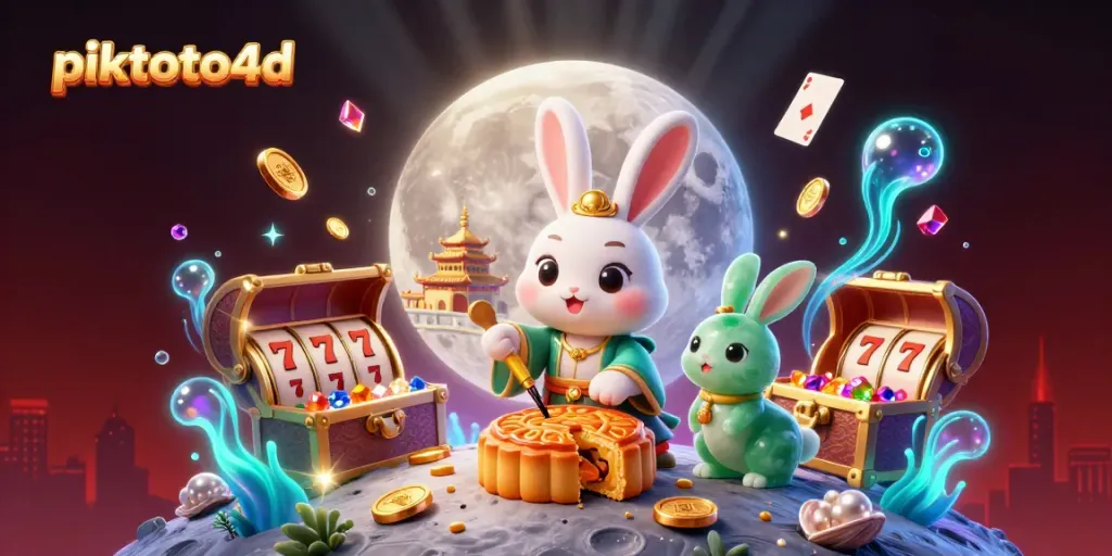 Experience the thrill of piktoto4d with winning poker chips emerging from golden mooncakes on a vibrant lunar landscape.