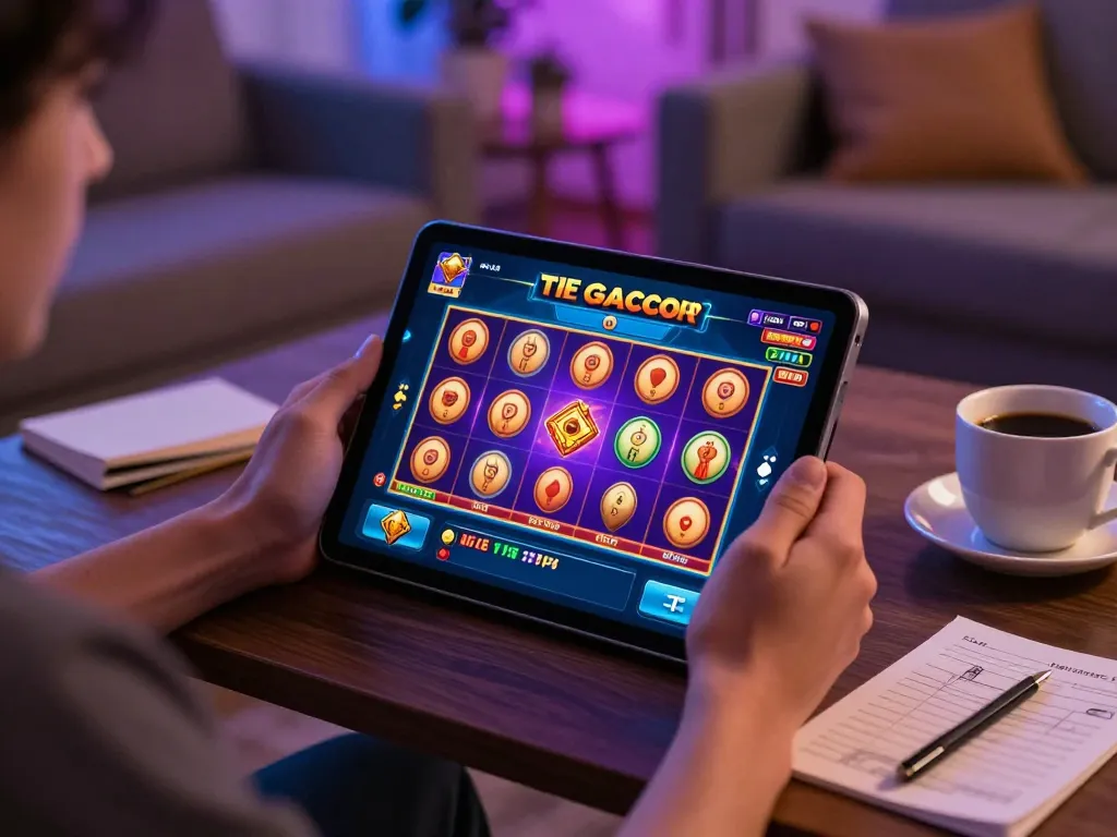 Playing slot gacor games on a tablet in a cozy living room setting, showcasing vibrant gameplay.