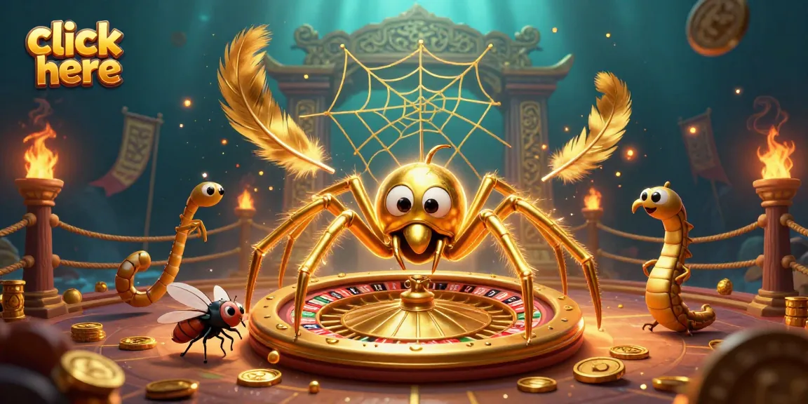 Click here to engage with a vivid 3D cartoon scene featuring a roulette wheel web spun by a golden spider.