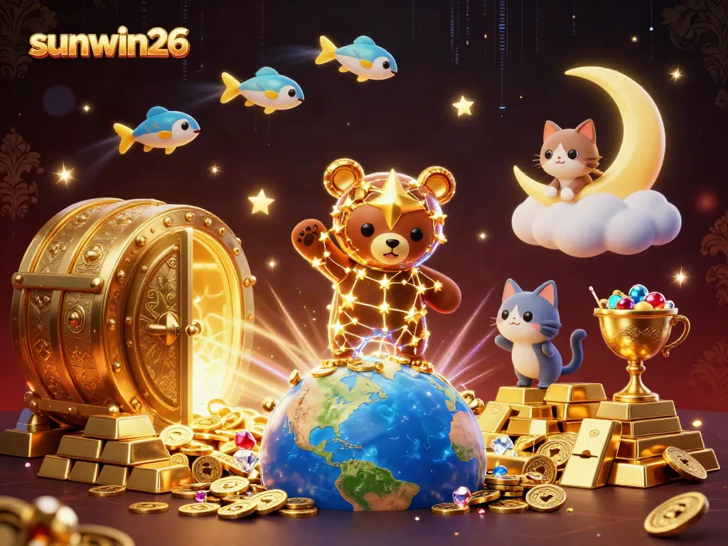 Experience the thrill of sunwin26 with a vibrant 3D illustration of a constellation bear and treasure.