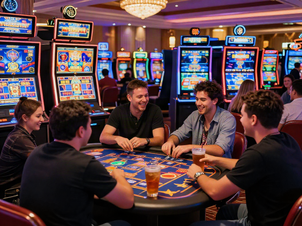 Pengalaman bermain agen slot online dengan suasana kasino yang ramai dan penuh warna.