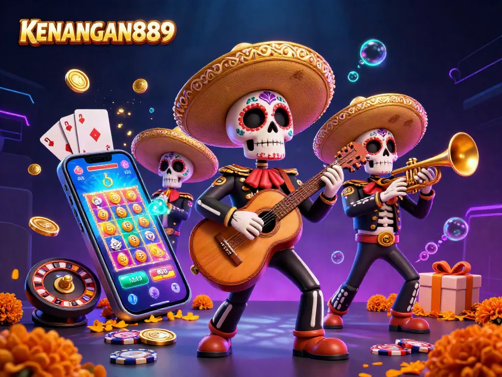 Play exciting slots with KENANGAN889 while enjoying a vibrant 3D mariachi band in a lively casino scene.