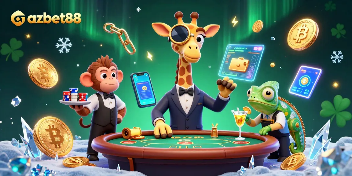 Experience excitement at azbet88 with playful giraffe, monkey valet, and chameleon bartender in a vibrant casino scene.