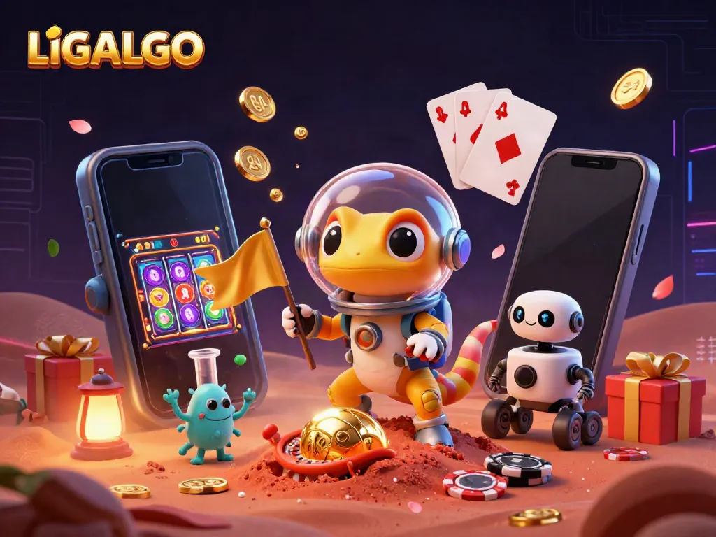 LIGALGO casino exploration scene featuring a cartoon Martian gecko with a smartphone, playing colorful slots while navigating a golden casino.