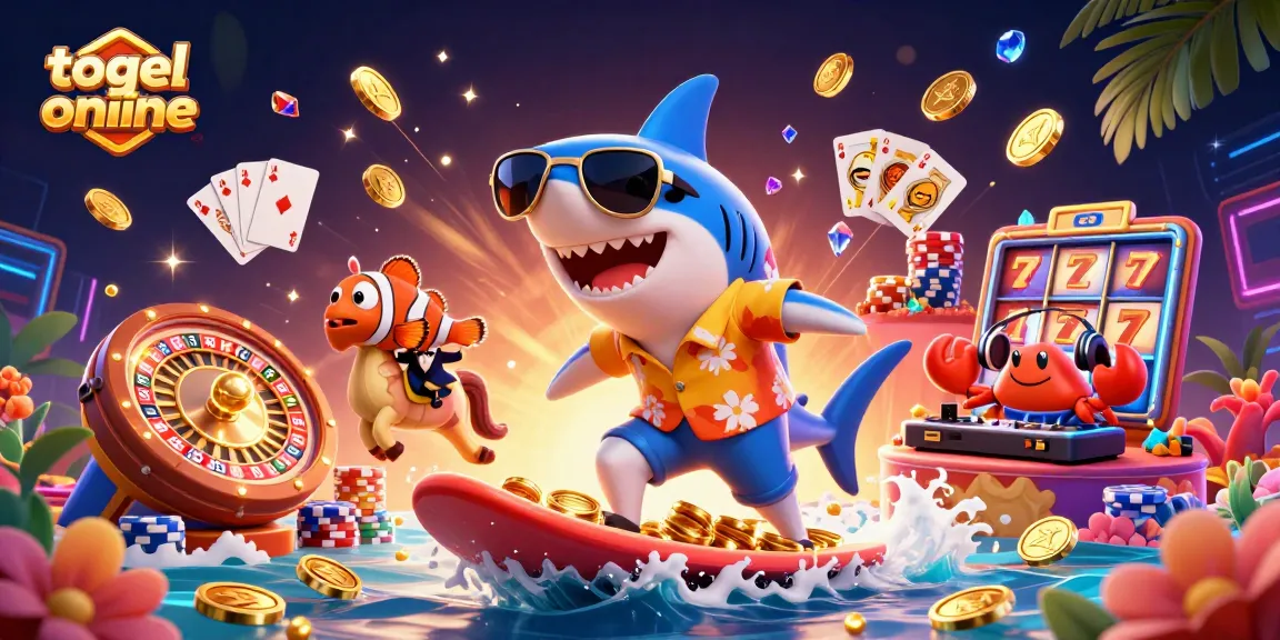 Menggoda peluang togel online dengan ilustrasi warna-warni, menampilkan simbol kasino, koin emas, dan karakter lucu.