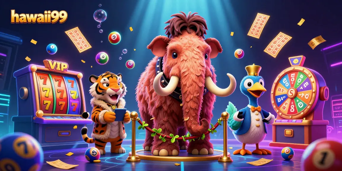 Experience exciting gameplay with hawaii99 as slot reels spin and lottery balls bounce in a vibrant casino scene.