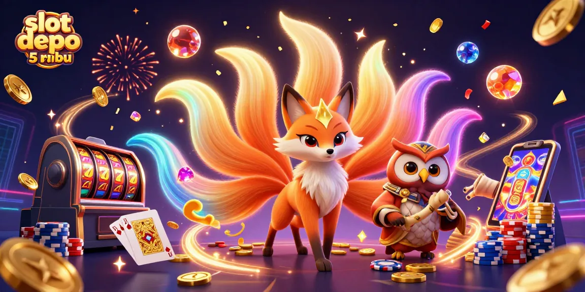 Experience exciting wins at slot depo 5 ribu with colorful characters and spinning slot reels.