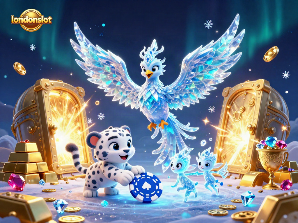 Experience the thrilling action of londonslot with a vibrant 3D casino scene showcasing an ice phoenix and treasures.