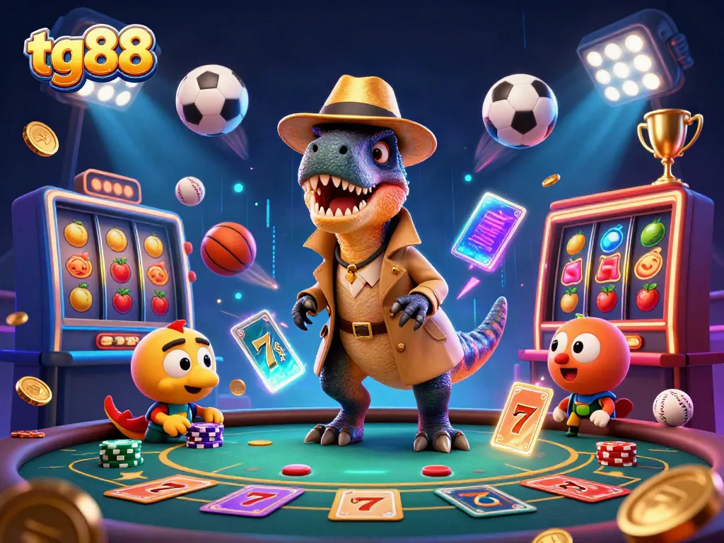 Catch the thrilling tg88 experience with a velociraptor card counter amidst a vibrant casino scene.