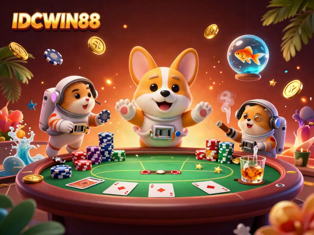 Experience thrilling gaming with IDCWIN88 as a 3D astronaut corgi and friends navigate a space casino.