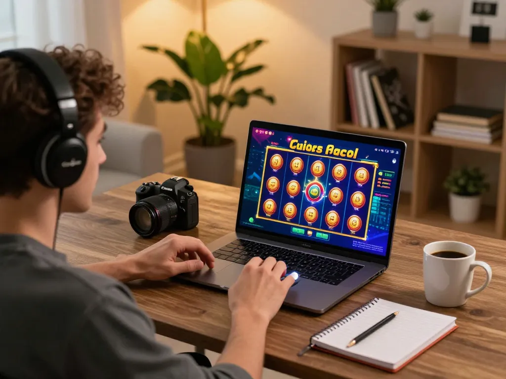 Player enjoying a slot gacor game on a laptop, surrounded by personal items in a cozy environment.