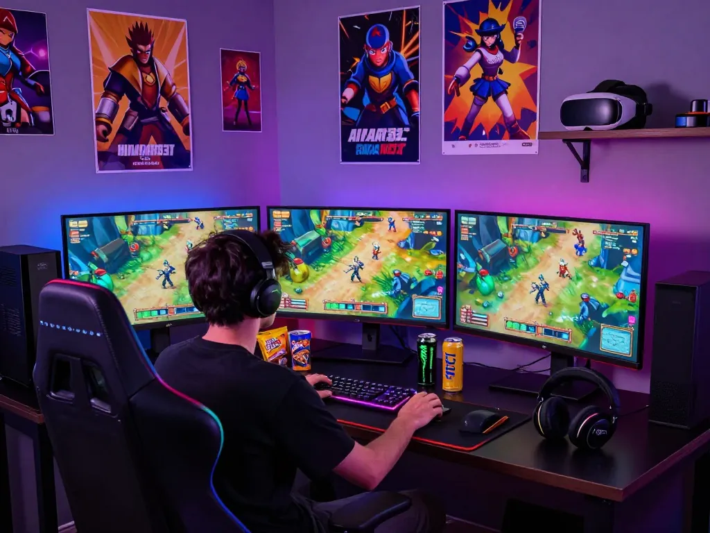 Engaging AMAN333 gaming scene with player enjoying the platform game in a vibrant, illuminated setup.