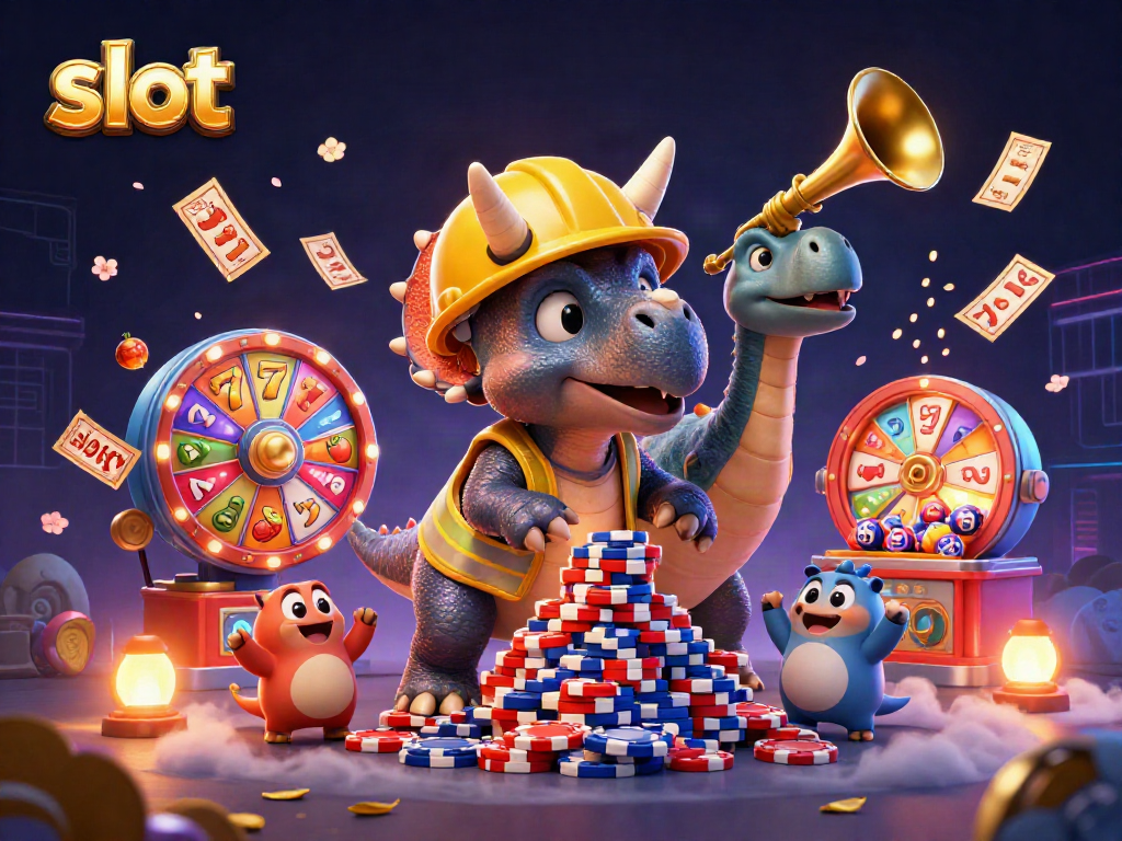 Slot menghibur dengan triceratops, mesin lotere, dan chip poker berwarna-warni.
