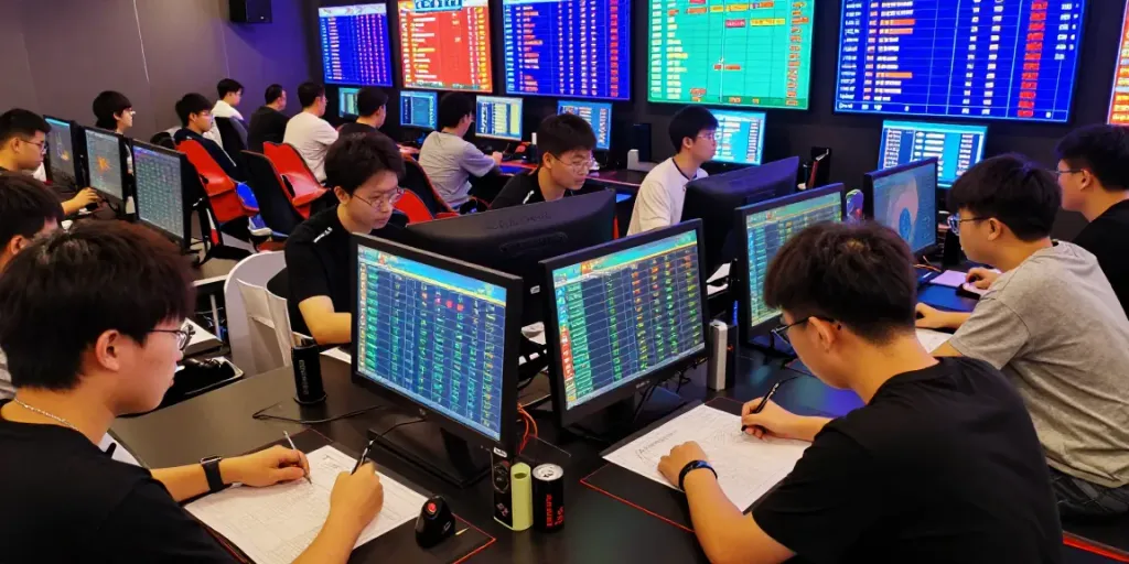 Suasana gaming lounge dengan pemain menganalisis data macau secara antusias.