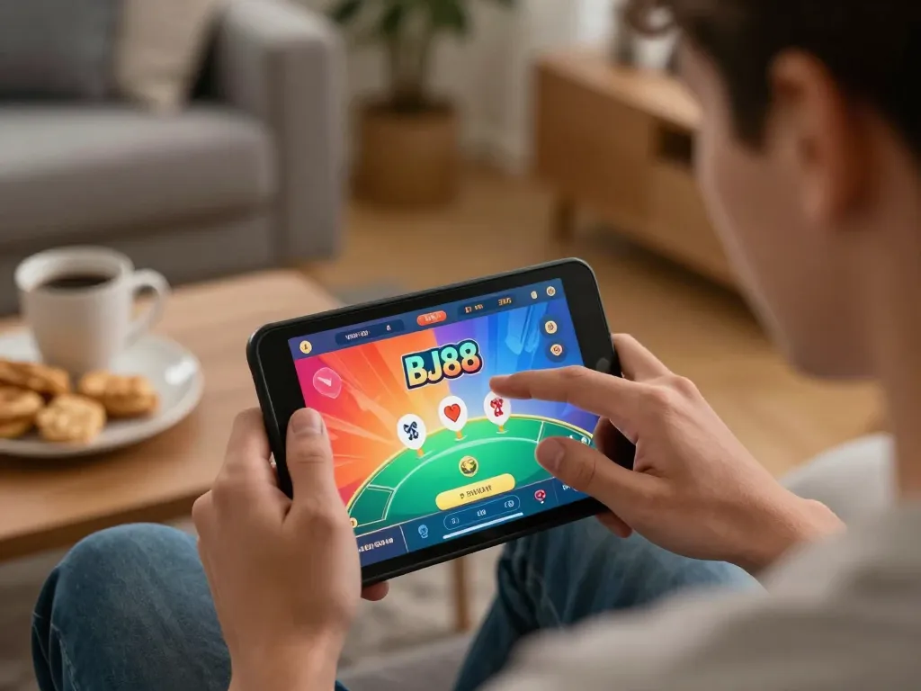Engaging online betting moment on BJ88 app, showcasing player strategy in a relaxing home setting