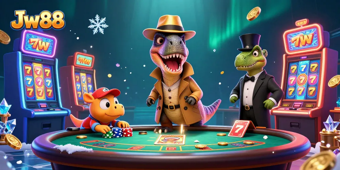 Experience thrilling gameplay at Jw 88 with a unique cartoon casino battle scene featuring vibrant gambling elements.