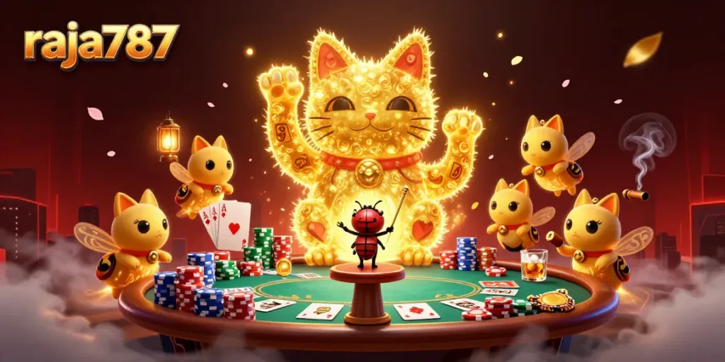 Raih keberuntungan dengan raja787, ilustrasi warna-warni mendalam memperlihatkan simbol kasino dan chip poker.