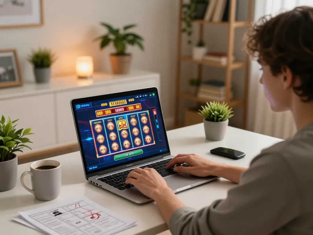 Player enjoying an online slot game at home, highlighting a focus on responsible entertainment