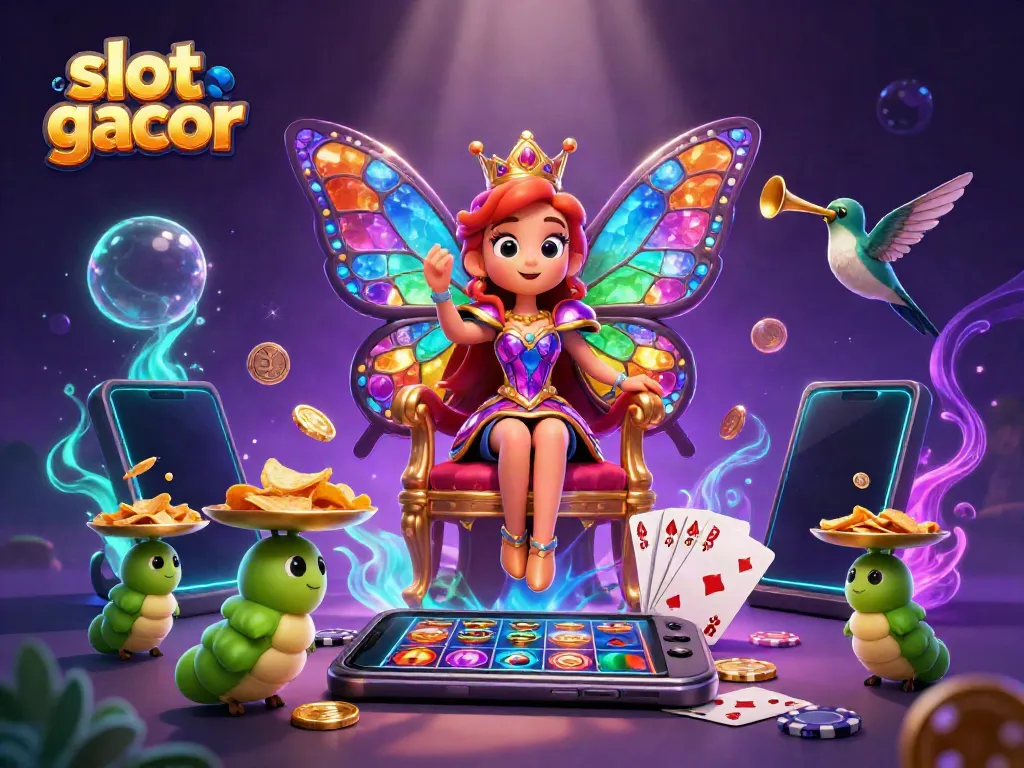 Slot gacor dengan ilustrasi ratu kupu-kupu, permainan, dan elemen kasino yang memukau.
