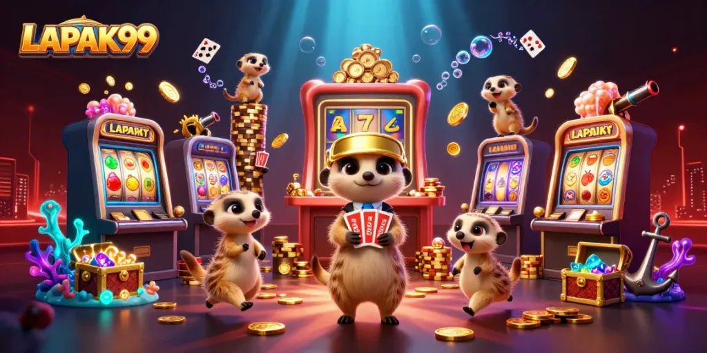 LAPAK99 meerkats operate a vibrant casino with slot machines, coins, and colorful gaming elements.