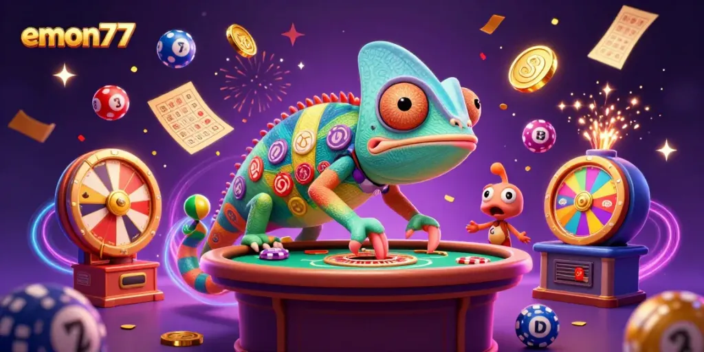 Experience excitement with emon77, featuring a colorful chameleon casino owner and dynamic lottery elements.