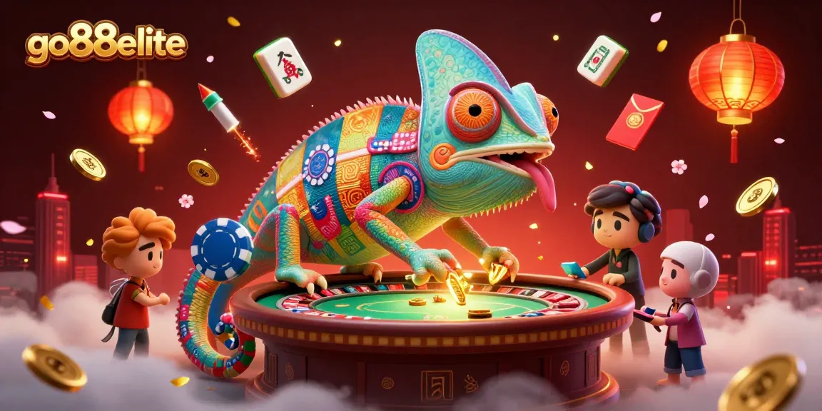 Experience the vibrant world of go88elite with a dynamic chameleon casino owner amidst rich gambling elements.