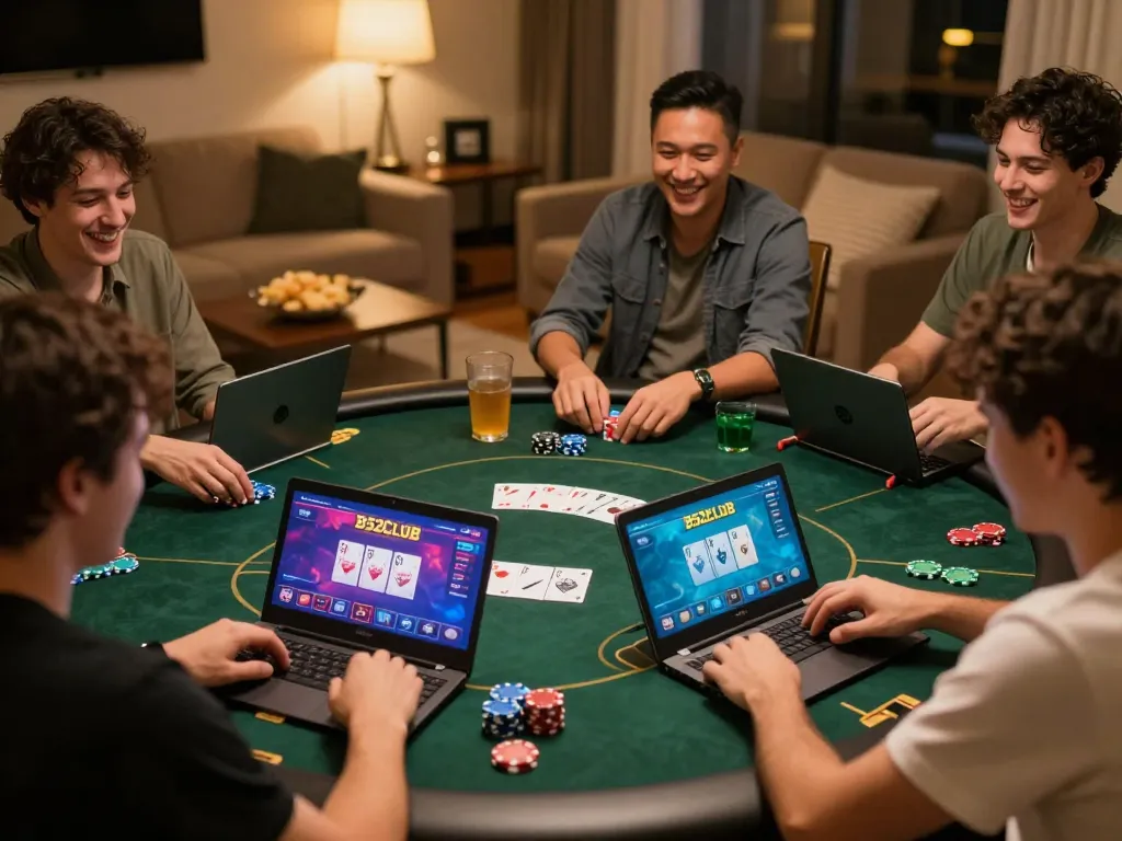 B52CLUB players enjoying an online poker game in a warm home atmosphere.