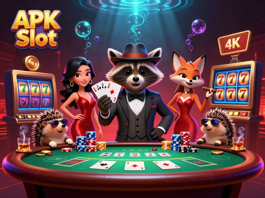 Engage with the APK Slot experience featuring a suave raccoon, fox, and hedgehog in a lively casino scene.