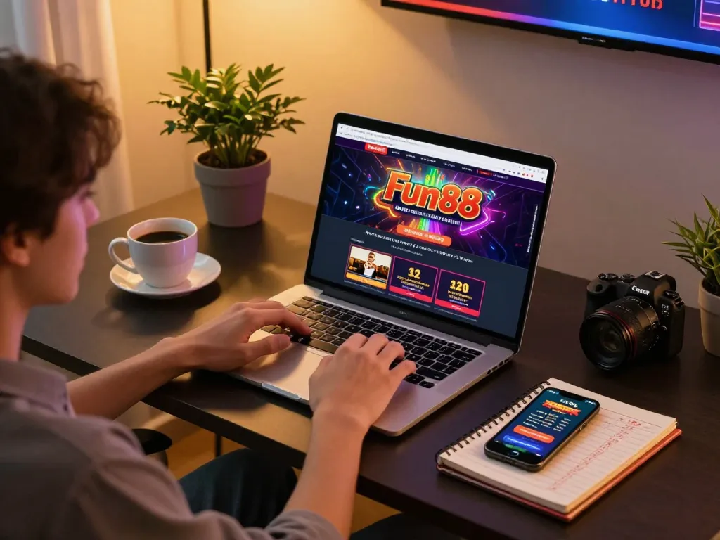 Engaging online gaming session using the Fun88 platform at home, showcasing a laptop with casino games displayed.