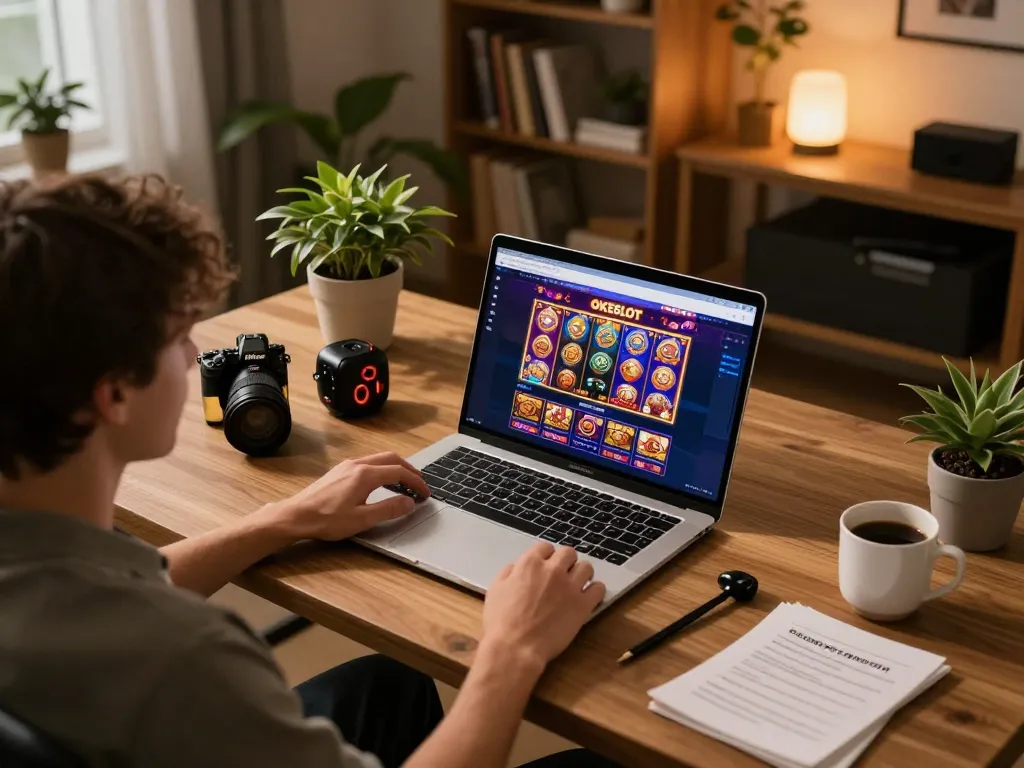 Pengalaman judi online yang menarik di platform OKESLOT dengan grafik permainan yang cerah dalam pengaturan rumah yang nyaman