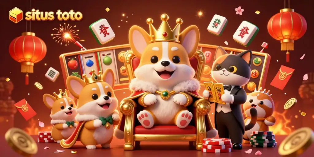 Bermain situs toto dengan corgi kerajaan dan elemen kasino meriah dalam ilustrasi 3D.