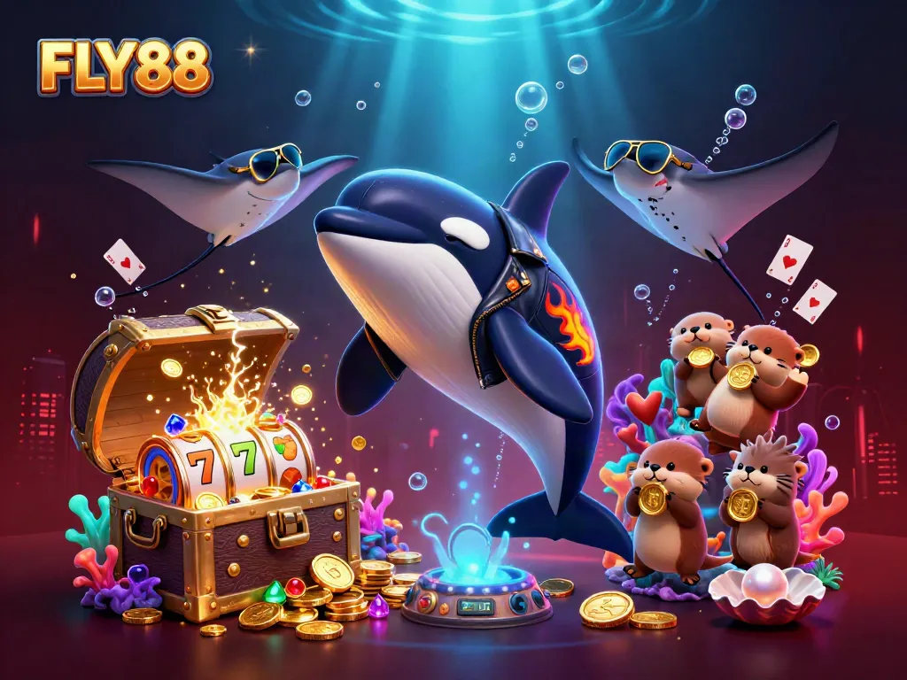 FLY88 captivates players with an exciting 3D casino scene featuring animated sea creatures and vibrant slot symbols.