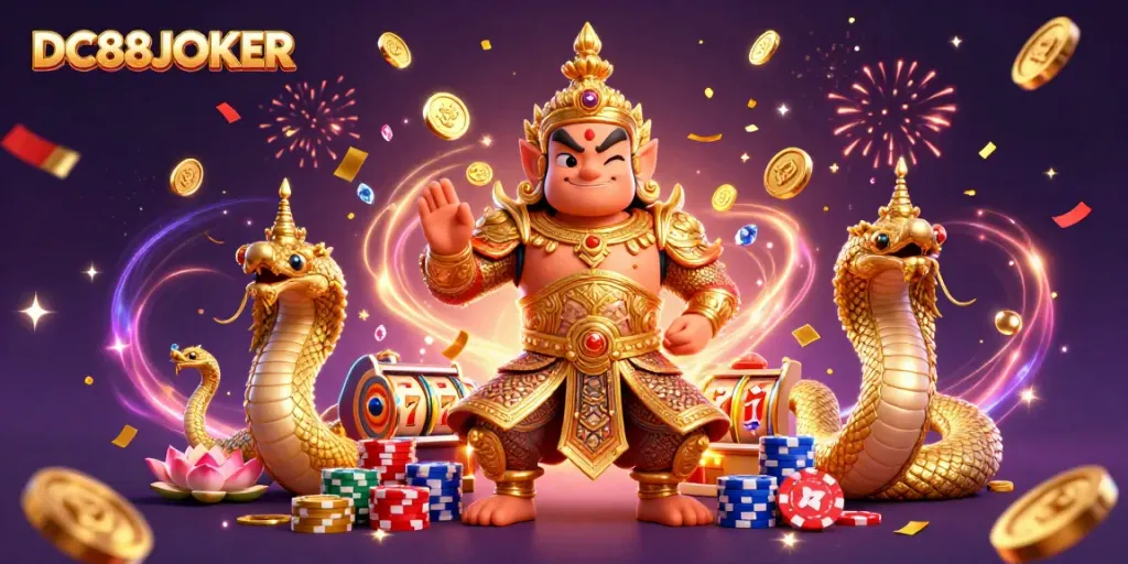 Engage with DC88JOKER's vibrant casino world featuring golden guardians, coins, and slot machines.